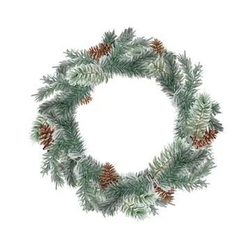 Wreath with pine branches and red berries, cotton and pine cones. Round frame Stock Illustration