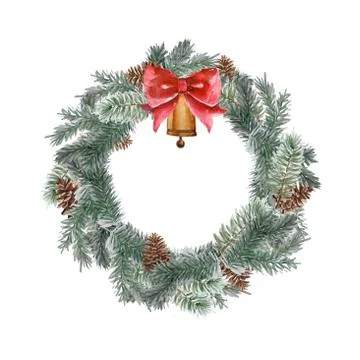 Wreath with pine branches and red berries, cotton and pine cones. Round frame Stock Illustration