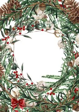 Wreath with pine branches and red berries, cotton and pine cones. Round frame Stock Photos