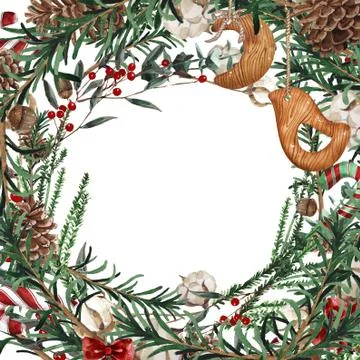 Wreath with pine branches and red berries, cotton and pine cones. Round frame Stock Photos