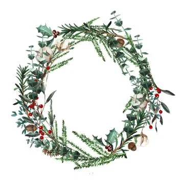 Wreath with pine branches and red berries, cotton and pine cones. Round frame Stock Photos