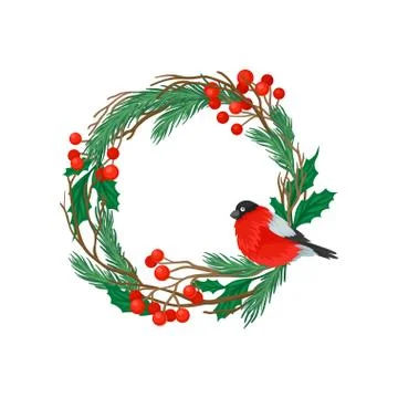Wreath of pine branches with long needles. Bullfinch sitting on a branch. Vector Stock Illustration