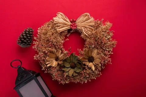 Wreath with pine cone lantern Stock Photos