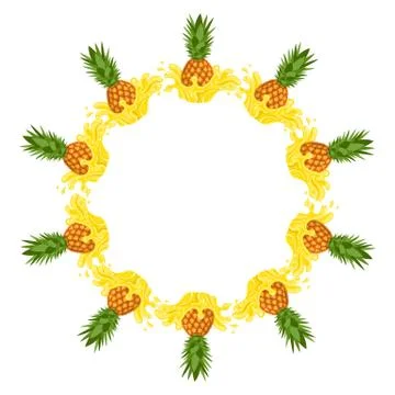 Wreath from pineapple juice splash with space for text. Cartoon organic sweet Stock Illustration