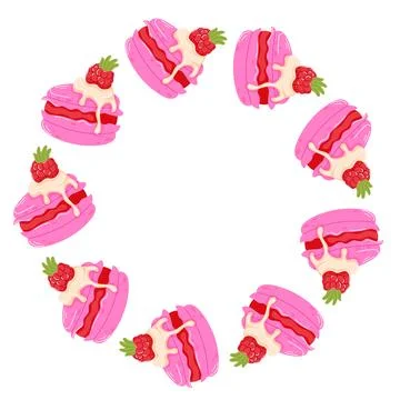 Wreath with pink macaroon with spreadable cream and raspberry on top in flat Stock Illustration