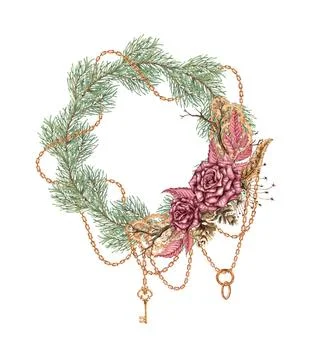 Wreath roses pine branches steampunk watercolor Stock Illustration