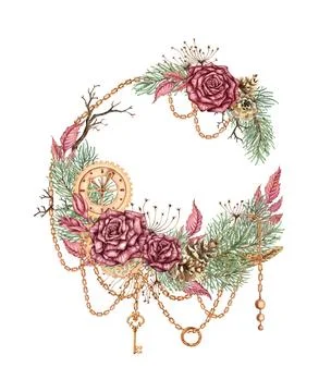 Wreath roses pine chain steampunk watercolor Stock Illustration