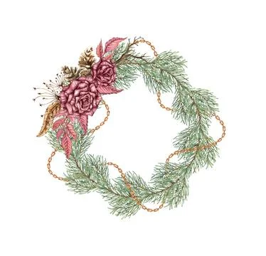 Wreath roses pine chains steampunk watercolor Stockillustratie