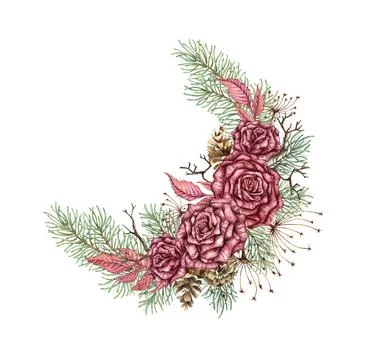 Wreath roses pine cones branches dried flowers steampunk watercolor Stock Illustration