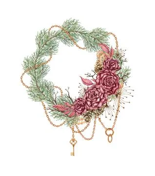 Wreath roses pine cones chains steampunk watercolor Stock Illustration