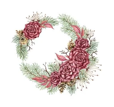 Wreath roses pine cones dried flowers steampunk watercolor Stock Illustration