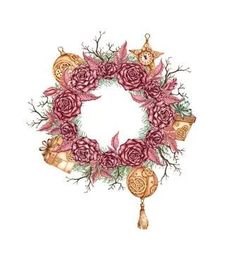 Wreath roses pine elements steampunk watercolor Stock Illustration