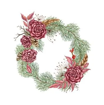Wreath roses pine feather berry cones dried flowers steampunk watercolor Stock Illustration