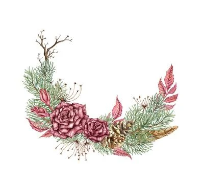 Wreath roses pine feather dried flowers steampunk watercolor Stock Illustration