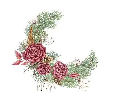 Wreath roses pine feather steampunk watercolor Stock Illustration