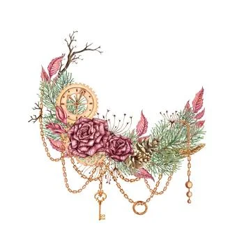 Wreath roses pine gear steampunk watercolor Stockillustratie