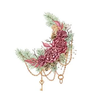Wreath roses pine gears chains steampunk watercolor Stock Illustration