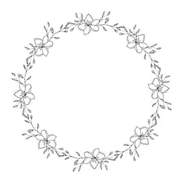Wreath round frame with doodle flowers hand drawn, drawing contour floral. Stock Illustration
