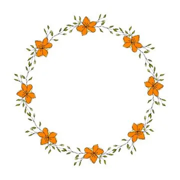 Wreath round frame with doodle orange flowers hand drawn, drawing contour floral Stock Illustration