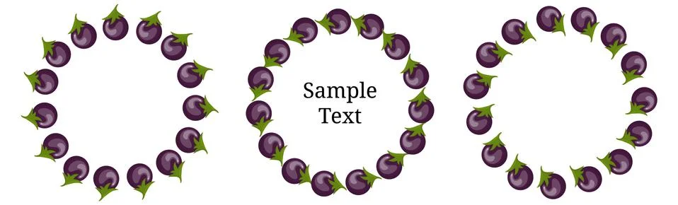Wreath Set from Eggplants with Space for Text. Raw Aubergine. Vector. Stock Illustration
