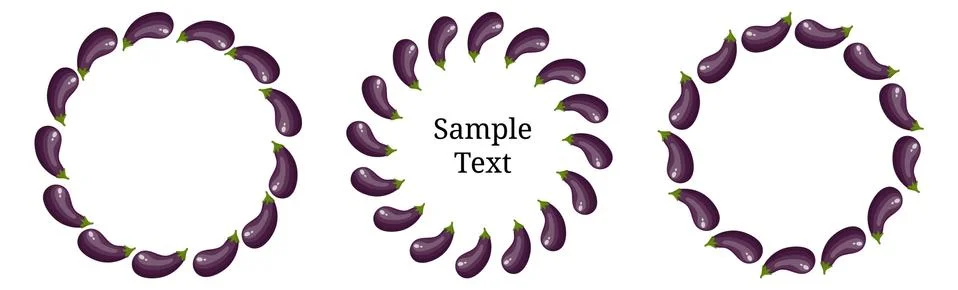 Wreath Set from Eggplants with Space for Text. Raw Aubergine. Vector. Stock Illustration