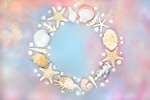 Wreath of Shells on Rainbow Sky Background Stock Photos