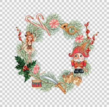 Wreath with spruce branches Nutcracker watercolor Stock Illustration