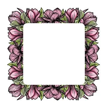 Wreath, square frame of magnolia flowers, blooming flowers silhouette. Spring Stock Illustration