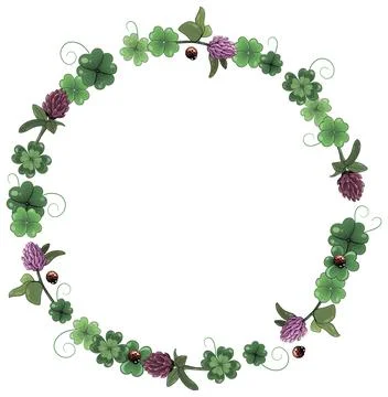 Wreath for St. Patrick's Day. Frame of clovers. pink flowers and ladybirds Stock Illustration