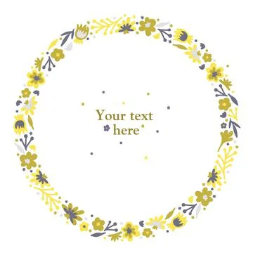 Wreath. Summer or spring doodle scandi wreath with flowers and leaves. Isolated Stock Illustration