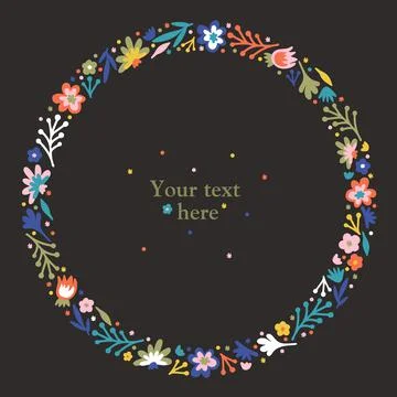 Wreath. Summer or spring doodle scandi wreath with flowers and leaves. Isolated Stock Illustration