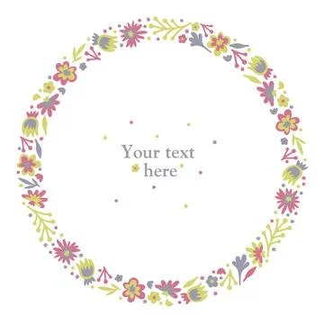 Wreath. Summer or spring doodle scandi wreath with flowers and leaves. Isolated Stock Illustration