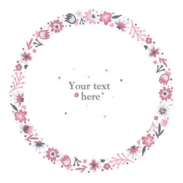 Wreath. Summer or spring doodle scandi wreath with flowers and leaves. Isolated Stock Illustration