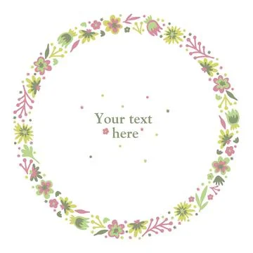 Wreath. Summer or spring doodle scandi wreath with flowers and leaves. Isolated Illustrazione stock