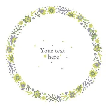 Wreath. Summer or spring doodle scandi wreath with flowers and leaves. Isolated Stock Illustration