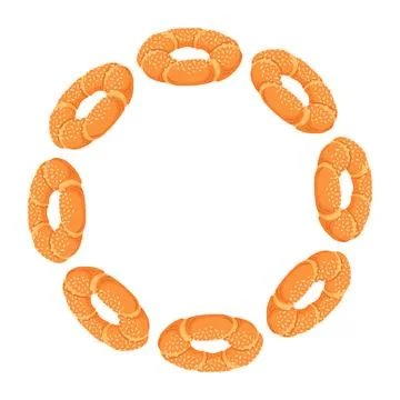 Wreath with Turkish simit in flat style. Traditional Turkey bagel with sesame Stock Illustration