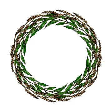 Wreath Wheat Spikelets and Green Bay Leaf, Hand Written Text. Round Wreath of Stock Illustration