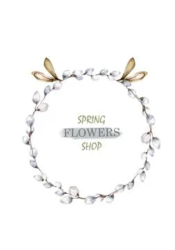 Wreath of Willow branches, Frame circle hand painting watercolor isolated ill Stock Illustration