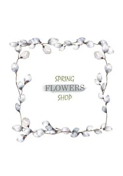 Wreath of Willow branches, Frame square hand painting watercolor isolated ill Stock Illustration