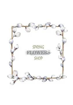 Wreath of Willow branches, Frame square hand painting watercolor isolated ill Stock Illustration