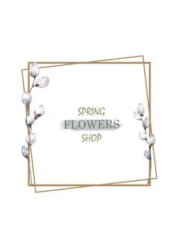 Wreath of Willow branches, Frame square hand painting watercolor isolated Stock Illustration