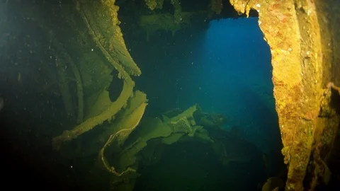 Wreck inside view in underwater world of Truk Islands. Video stock 117575018