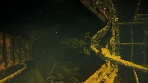 Wreck inside view in underwater world of Truk Islands. Stockbeeldmateriaal 117575094