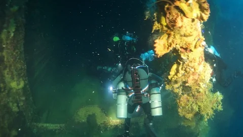 Wreck inside view in underwater world of Truk Islands. Stockbeeldmateriaal 117575186