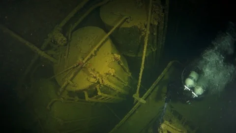 Wreck inside view in underwater world of Truk Islands. Stockbeeldmateriaal 117575599