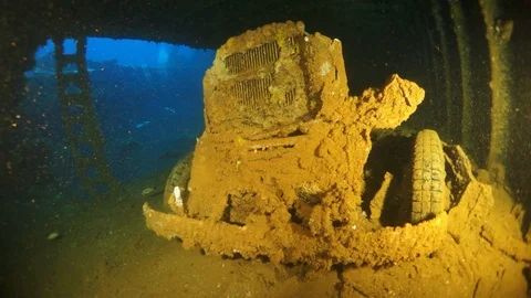 Wreck inside view in underwater world of Truk Islands. 動画素材 117575896