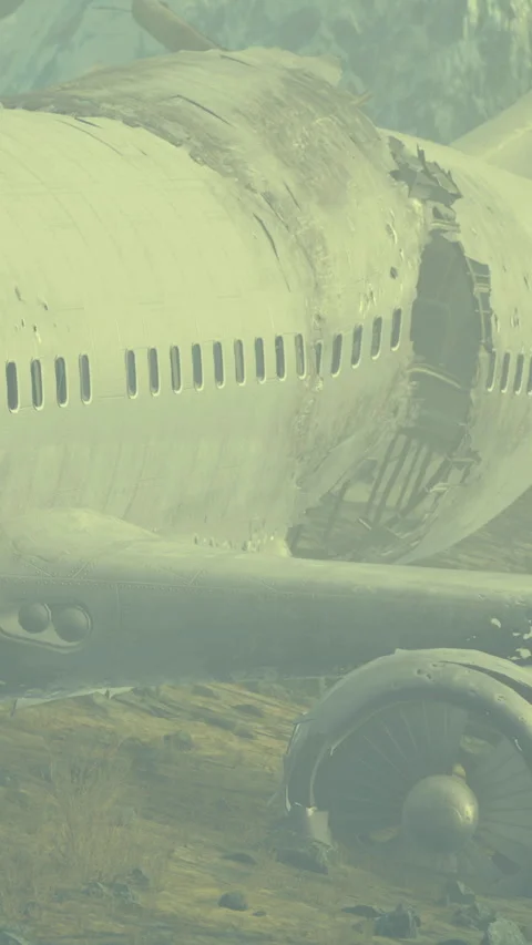 Wreck of a plane on a remote beach with visible damage and rust Stock Footage 345008343