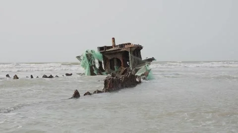 Wreck ship in a beach in Senegal Stock Footage 303789206