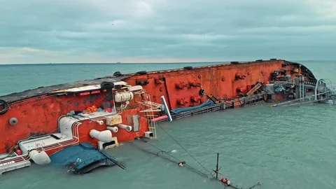 The wreck of the ship, the tanker. The ship with navigation equipment turned on Stock Footage 121848322