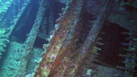 Wreck ship underwater on background marine landscape in Red sea. Stock Footage